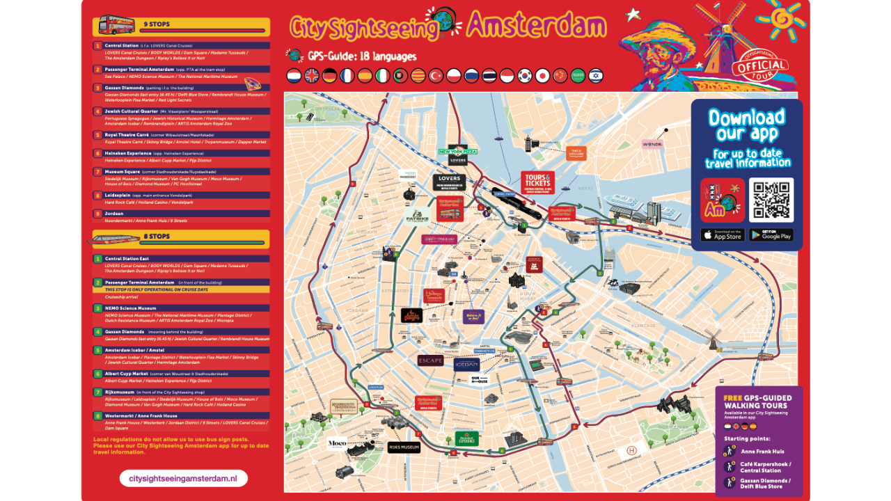 crucero_y_bus_amsterdam Mapa del crucero turístico y bus turístico de Ámsterdam.